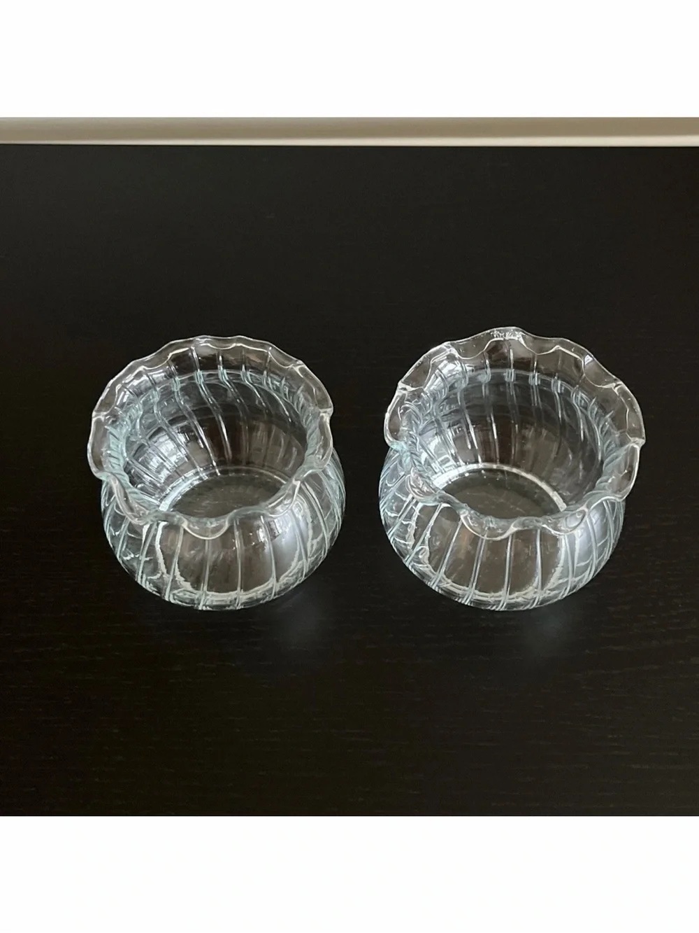 Vintage Glass Candle Holders Vases Tea Lights Red Votives Ribbed Ruffled MCM 2pc